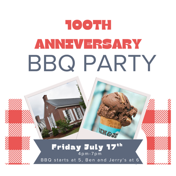 Text graphic that says “100th Anniversary BBQ party” with the date and time included in the story.