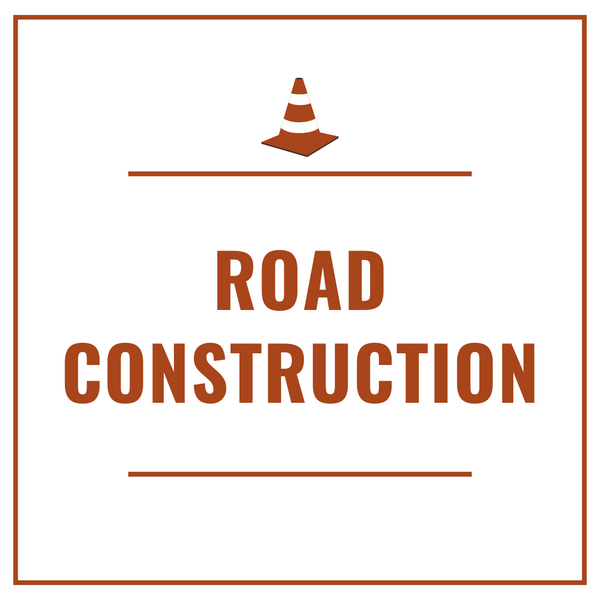 Text graphic that says “Road Construction” with a traffic cone icon