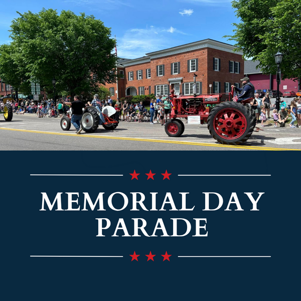 Text graphic that says “Memorial Day Parade” and has an image of tractors in a parade