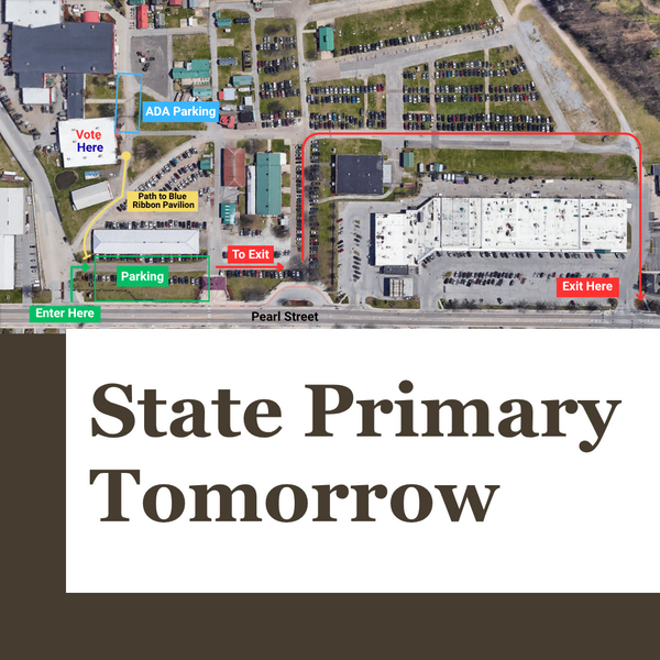 Text graphic that says State Primary Tomorrow with a map of where to park at the fairgrounds.